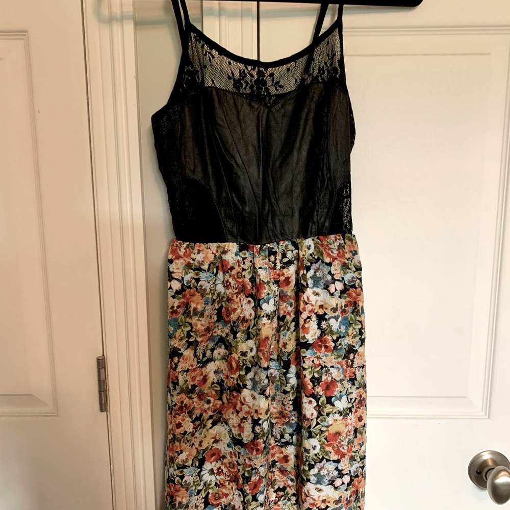 Floral Faux Leather & Lace Dress